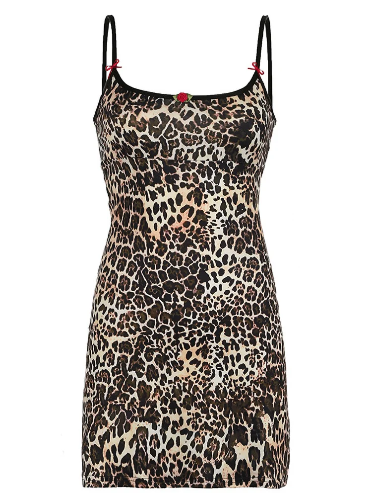 Absobe Leopard Printed Slip Mini Dress Women's Clothing Flower Spliced Bow Sleeveless Backless Tight Short Dresses Y2K Outfit image 4