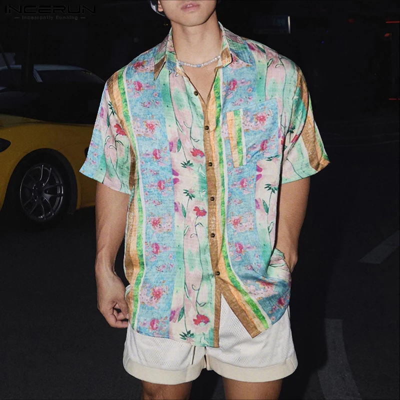 

INCERUN Мужская рубашка с принтом и лацканами с коротким рукавом, свободные летние повседневные мужские топы, уличная рубашка, модная мужская одежда 2025 года, S-5XL