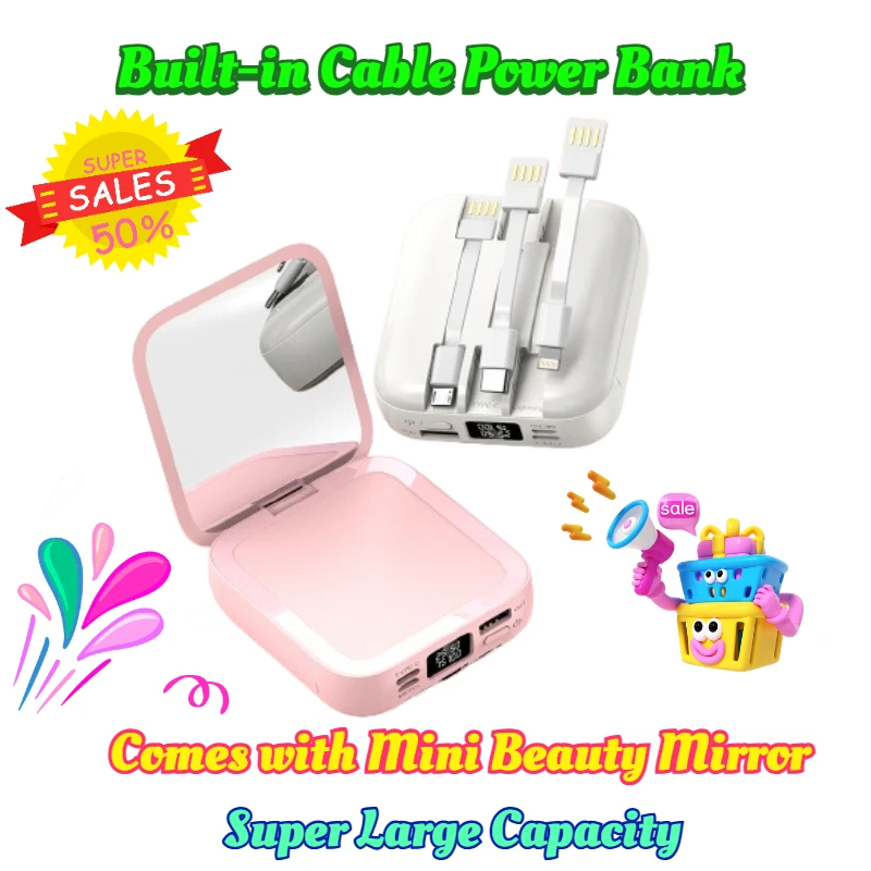 

10W 20000mAh Mini Beauty Mirror with Built-in Cable Power Bank with Super Large Capacity