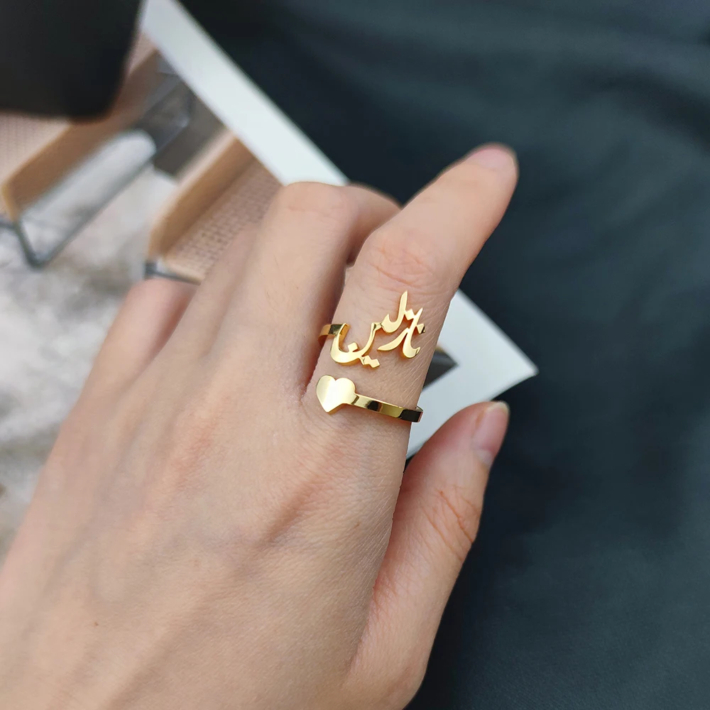 Arabic Custom Name Gold Ring for Women Stainless Steel Personalized Adjustable Customized Heart Rings Wedding Bridesmaid Jewelry