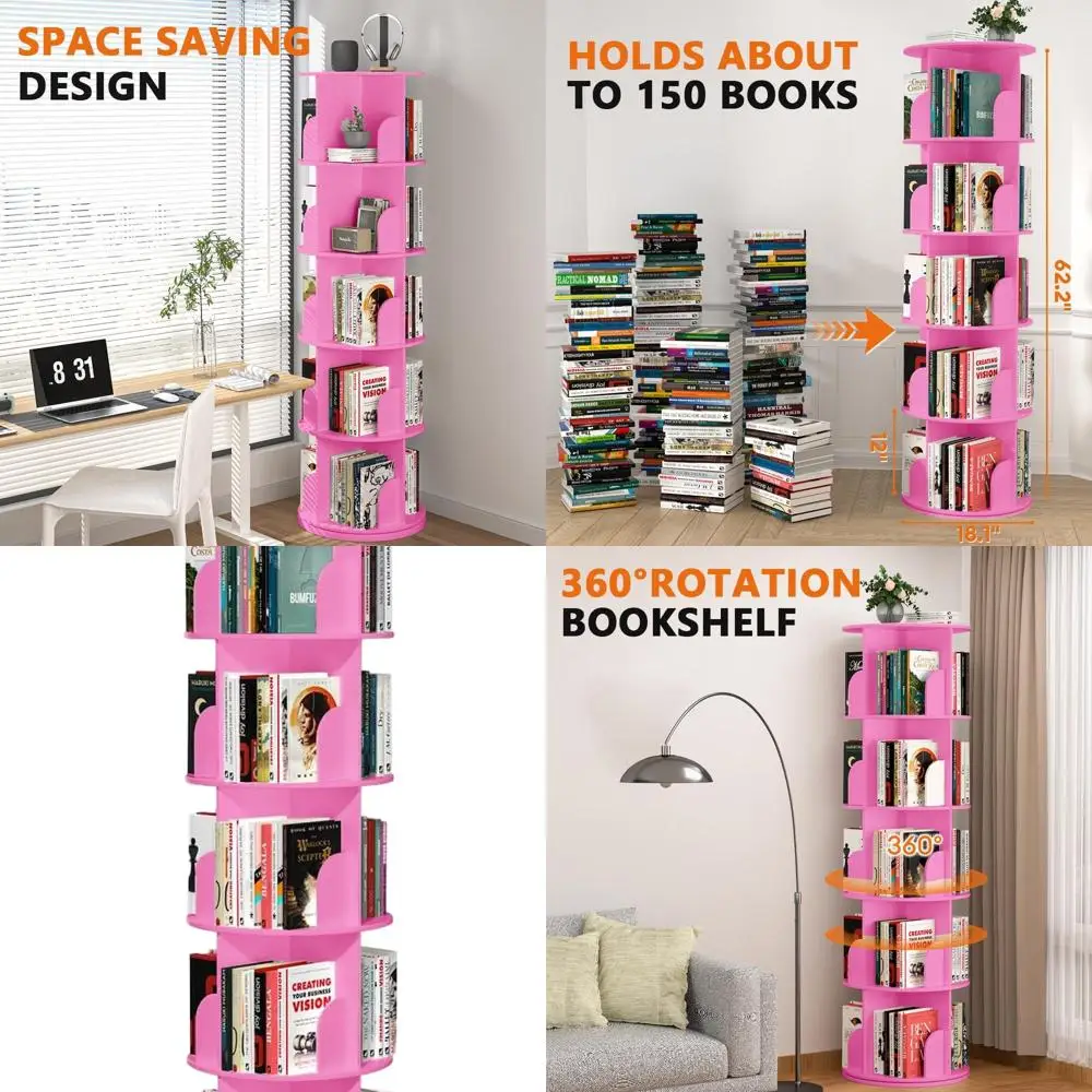 

5-Shelf Rotating Bookcase, Pink, Space-Saving Vertical Lazy Susan for Compact Storage