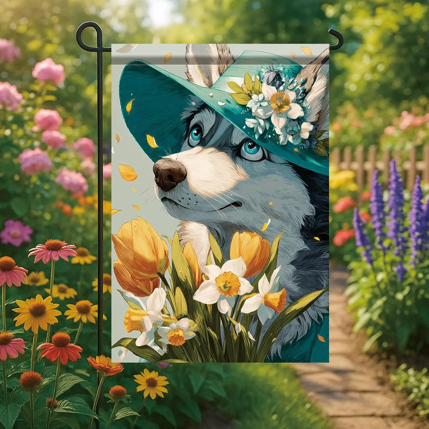 Spring Summer Garden Flag 12x18 Inch Husky Dog Floral Hat Daffodil Art Design Outdoor Yard Porch Lawn Garden for Seasonal Co zzo