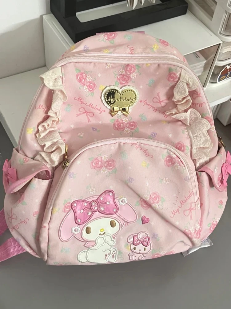 New My Melody Sanrio Sweet and Cute Girl Heart Backpack Y2k Cartoon Schoolbags Fragmented Flower Zipper Backpack for Women