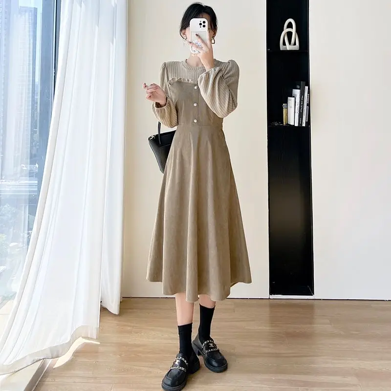 Fake Two Pieces Corduroy Midi Dress Women's Clothing Long Sleeve Spring Autumn Chic Folds Patchwork Elegant A-Line Waist Dresses