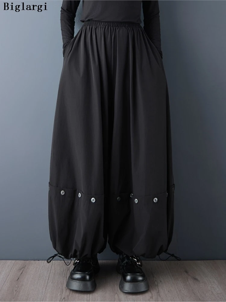 المتضخم ربيع الخريف بنطال ذو قصة أرجل واسعة المرأة مرونة موضة عادية السيدات بنطلون فضفاض امرأة مرونة الخصر السراويل