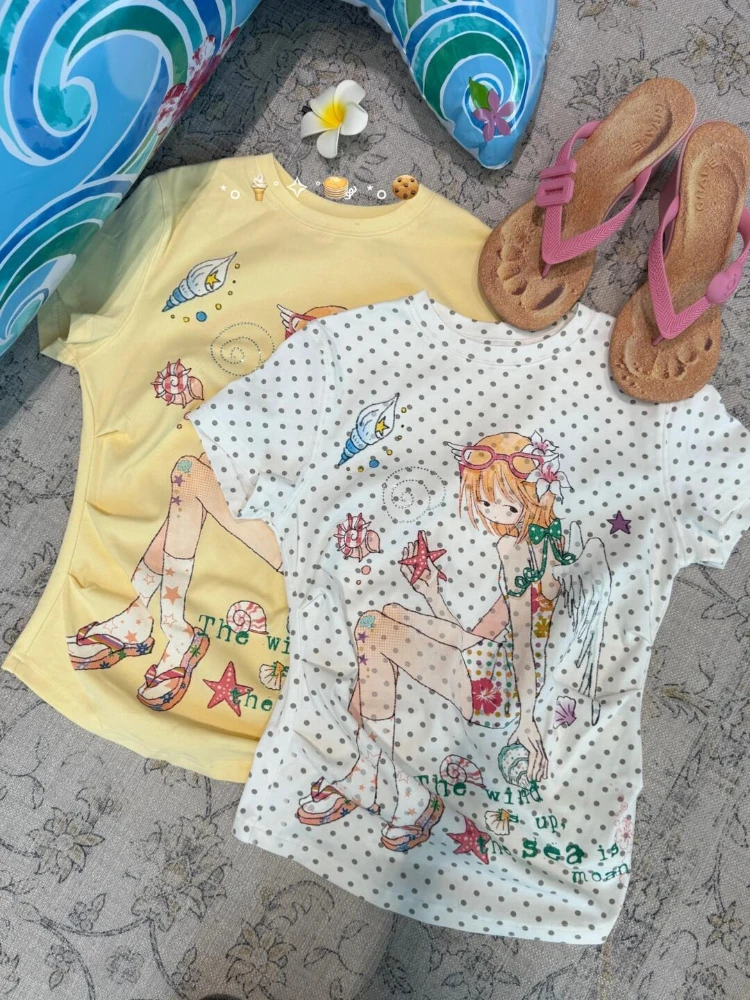 

Deeptown Japanese Style Kawaii Y2k T-Shirts Women Harajuku Polka Dot Print Tees Juminocore Cutecore Short Sleeve T-Shirt Slim Up