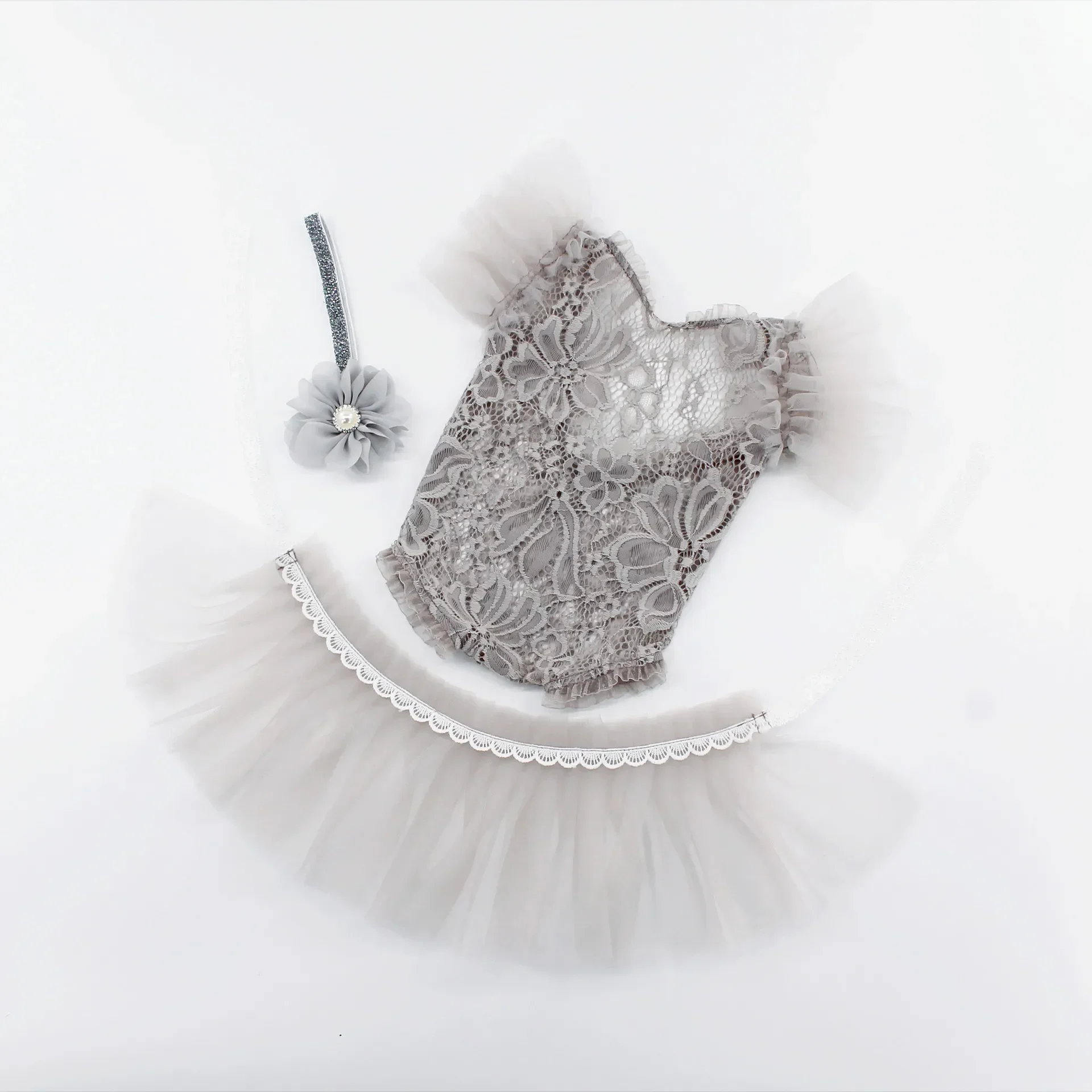 

Newborn Children's Photography Clothing Cute Princess Mesh Lace Pearl One Piece Dress Set+hair Accessories Baby Take Photos Prop