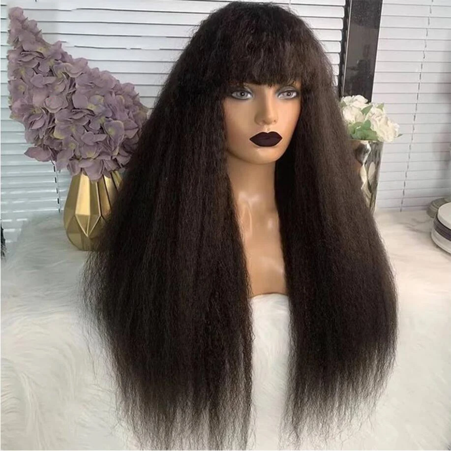 

Soft Yaki 26Inch 180Density Long Machine Wig Natural Black Kinky Straight With Bangs For Women Baby Hair Preplucked Glueless