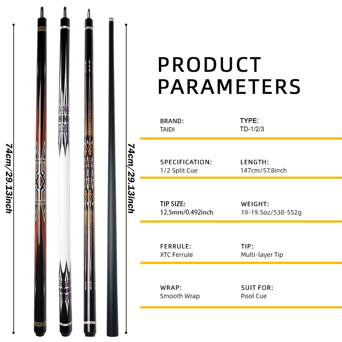 TAIDI Carbon Fiber Pool Cue Stick Professional Pool Sticks  12.5mm Tip Low Deflection Shaft Billiard Cues with Adjustable Extension ( Pro Taper)