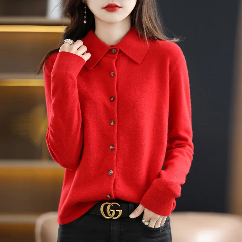 Cárdigan de punto de lana para mujer, chaqueta suelta y delicada con cuello tipo PoLo, camisa con botones de Color sólido, diseño elegante francés