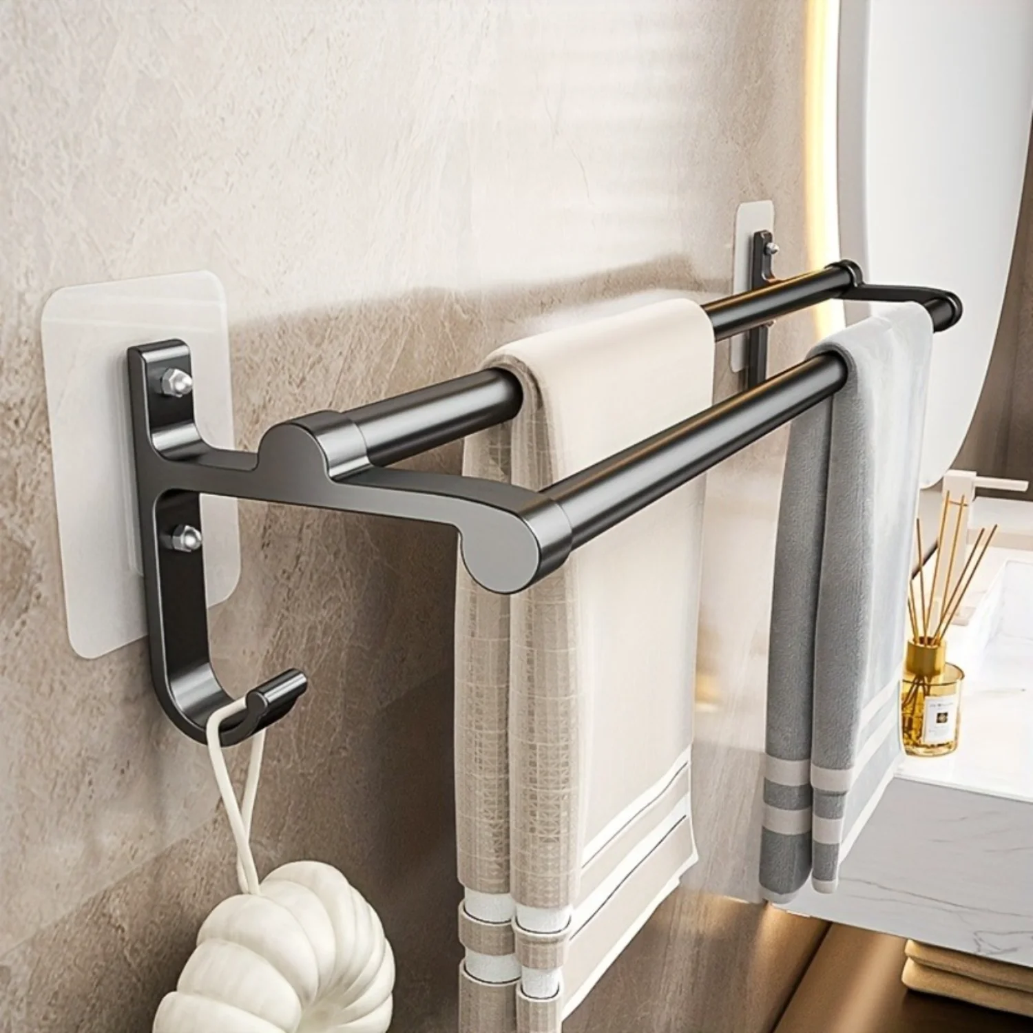 Space-Saving, Durable Double Rod Towel  with  - Elegant, Easy to Install Bathroom Wall Rack Organizer