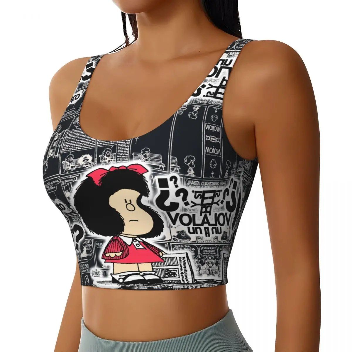 Custom Vintage Quino Comic Mafalda High Impact Sports Bras for Women Cartoon Mang Seamless Workout Running Crop Tank Tops