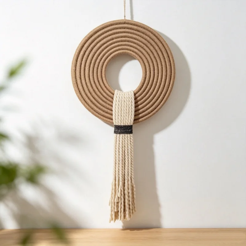 Round Macrame Handmade Wall Art Fiber Woven Wall Decor Boho Minimalist Wall Ornament for Living Room Interior Decoration