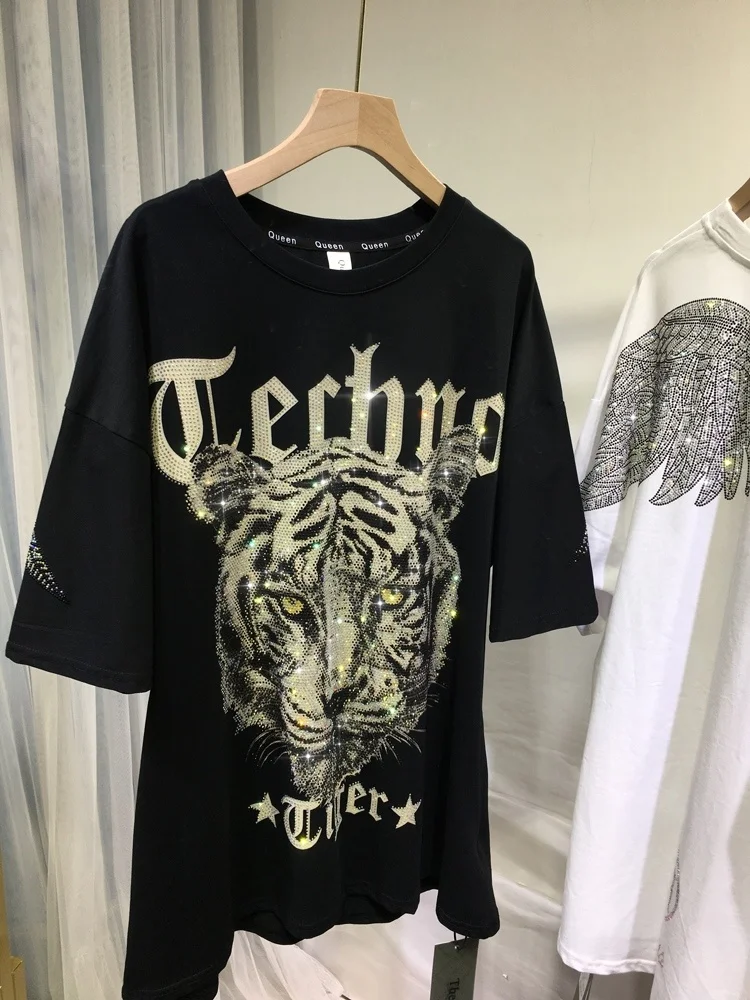 Drilling Trendy Hot T-shirt for Lady 2023 New Summer Women Clothes Tiger Wings Exquisite Pattern Printing O-neck Oversized Top