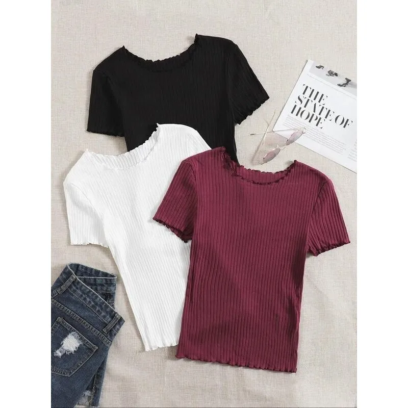 

Women's Ribbed Tee Casual Short Sleeve Silk T-Shirt Comfortable Soft Fabric Spring Fashion Ladies' Top