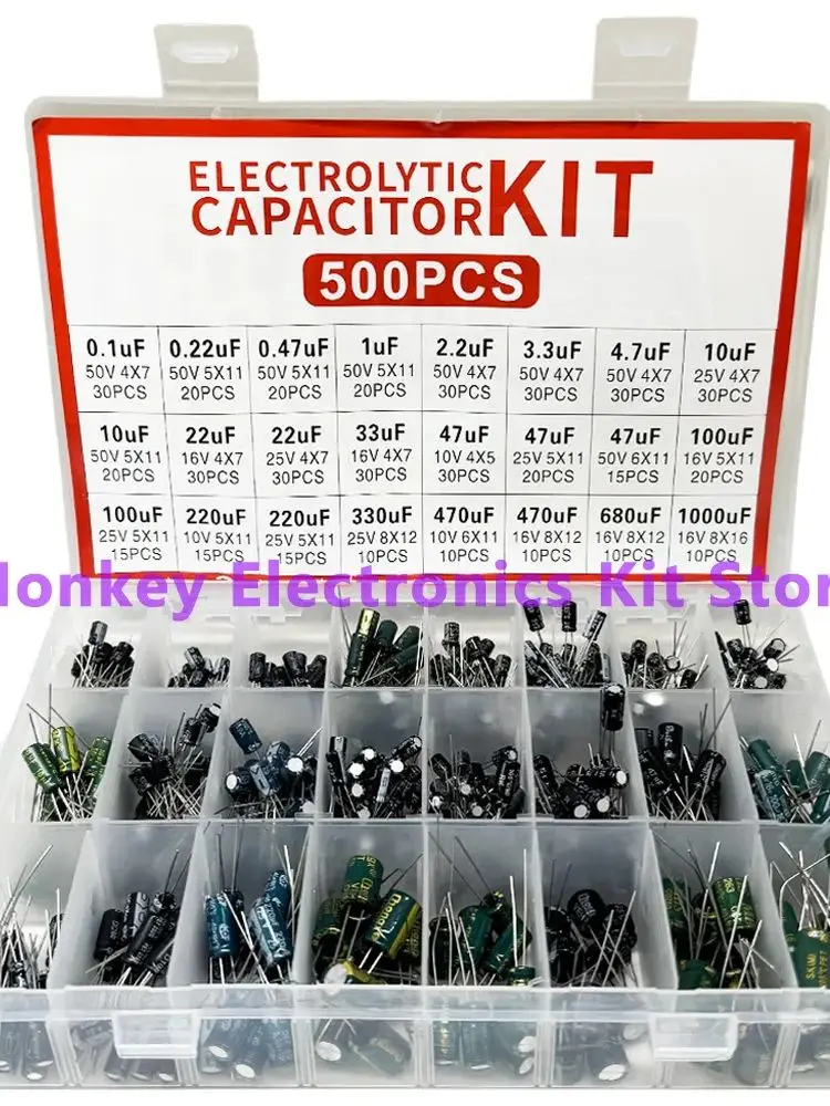 500 pièces 0,1uF-1000uF 24 valeurs Condensateur électrolytique Kit électronique mixte DIP Condensateurs électrolytiques 10V 16V 25V 50V