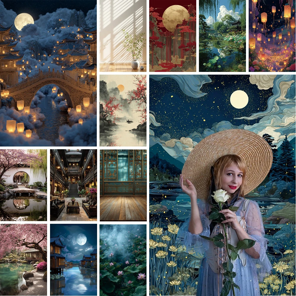 

MOON.QG Traditional Chinese Architecture Backgrounds For Photography Archway Plant Lake Backdrop Wallpaper Poster Baby Shower