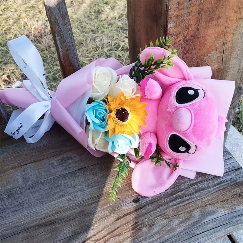 Anime Lilo & Stitch Plush Bouquet With Sunflower Soap Rose Flower Bouquet Cartoon Stuffed Valentine\'s Day Christmas Birthday Gif