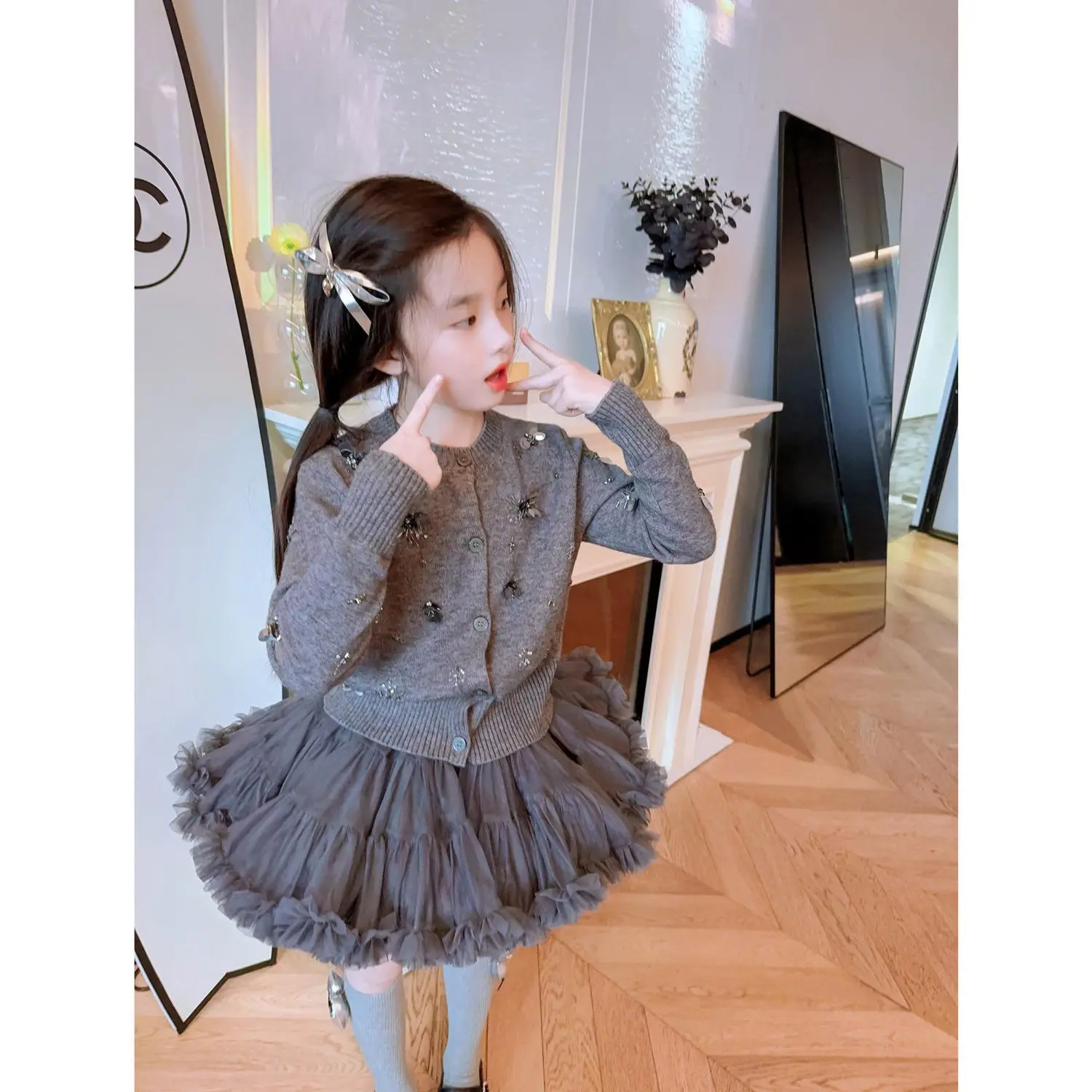 Children Elegance Clothing Winter Girls Clothes Set Fashion Cardigan knit Sweater Coat+Short Tutu Skirt 2Pcs Suits Kids suit