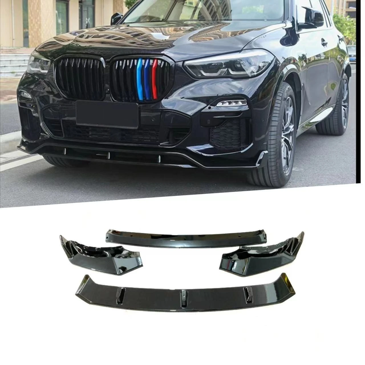 For BMW X5 G05 2020-2023 Black Knight Style Front Lip Splitter Gloss Black Hydro Dipped 4Piece Bumper Spoiler Aggressive Upgrade