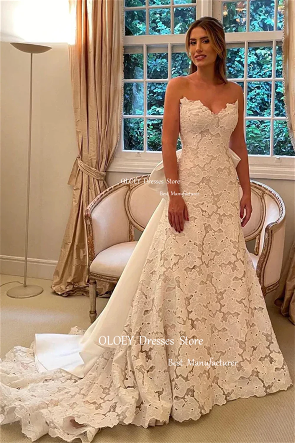 OLOEY Exquisite Lace Strapless Wedding Dresses Bow Back A-Line Floor Length Bridal Gowns Ivory Vestido De Noiva Custom Made