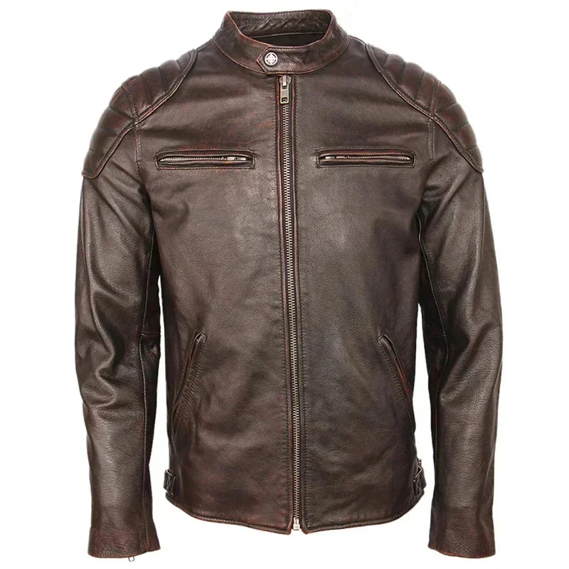 Vintage Distressed Leather Jacket Men 100% Cowhide Genuine s Slim Fit Motorcycle Man Biker Coat Autumn M357