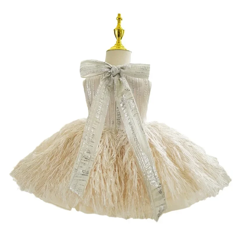 Eid Tiered Champagne Flower Girl Dresses with Sequined Feather New Sleeveless Wedding Party Gowns for Baby فساتين اطفال