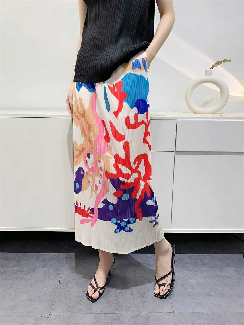 Miyake Pleated Skirt Women's 2023 Spring and Summer Printed Pleated Skirt Fashionable Casual Versatile High Waist A-Type Skirt