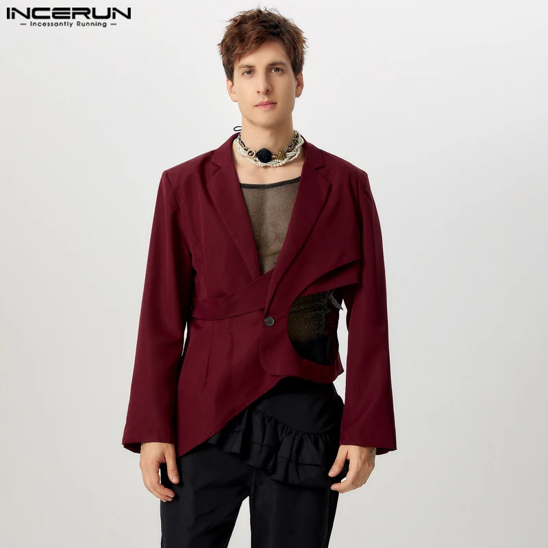 INCERUN Tops 2024 American Style Fashion Men's Deconstruct Hollow Suit Coat Casual Sexy Male Solid Irregular Long Sleeved Blazer