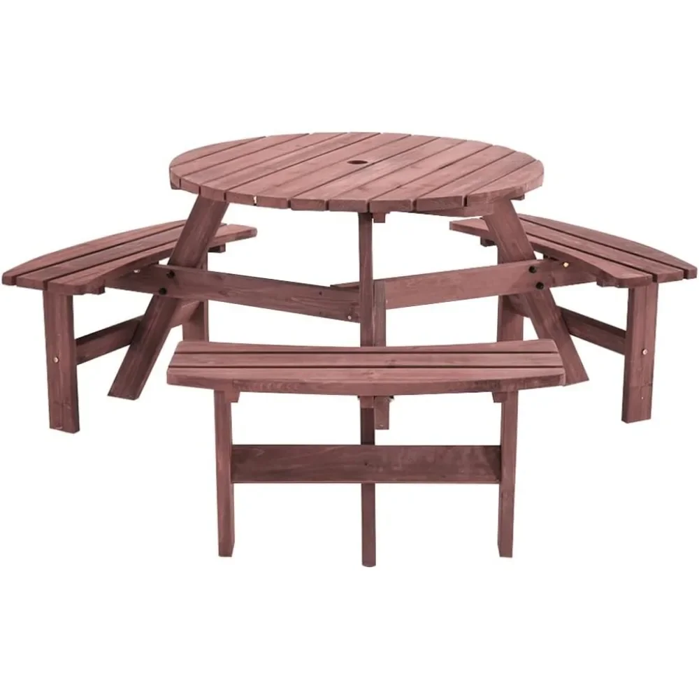 

Circular Outdoor Round Wooden Picnic Table with 3 Built-in Benches for Patio, Backyard, Garden