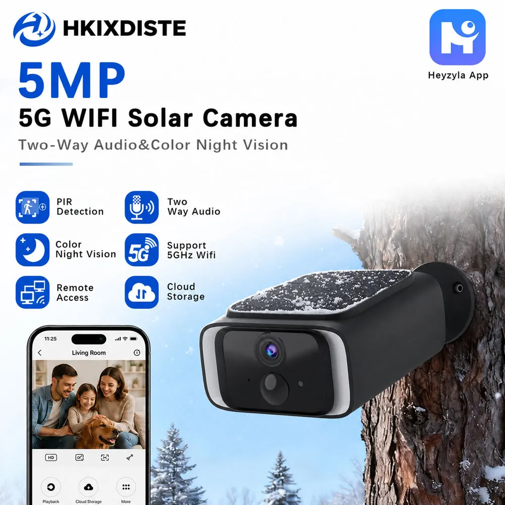 2.4GHz 5GHz Dual Band WiFi 5MP Outdoor Solar Camera Ultra Standby Time PIR Motion Light Two-Way Audio IP66 Built-In Battery Cam