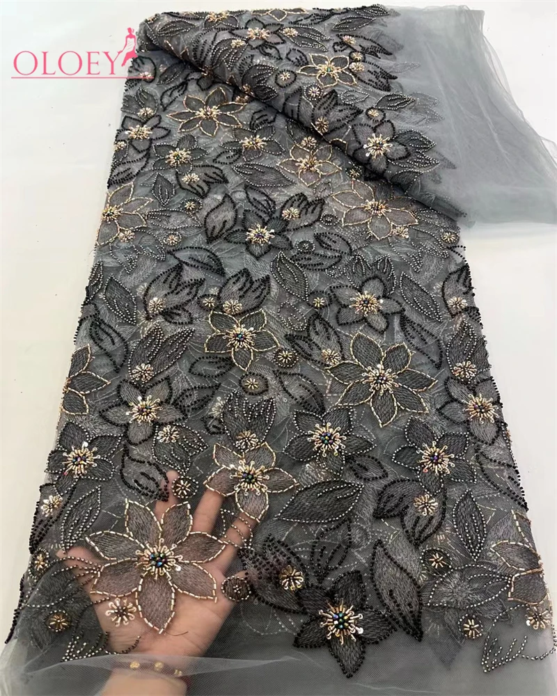 

OLOEY High-Quality Handmade African Lace Fabric with Beads And Sequins for Wedding Dresses Fashionable Embroidered Party Wear