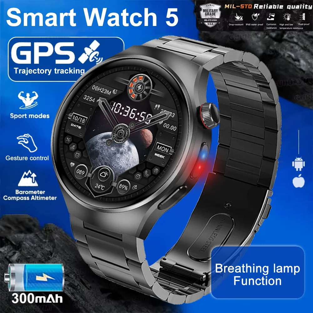 

Смарт-часы Watch 5, мужские, новые, 1,53-дюймовый HD AMOLED-экран, GPS-трек, пульс, Bluetooth-вызов, компас, спортивные умные часы, дыхательная лампа