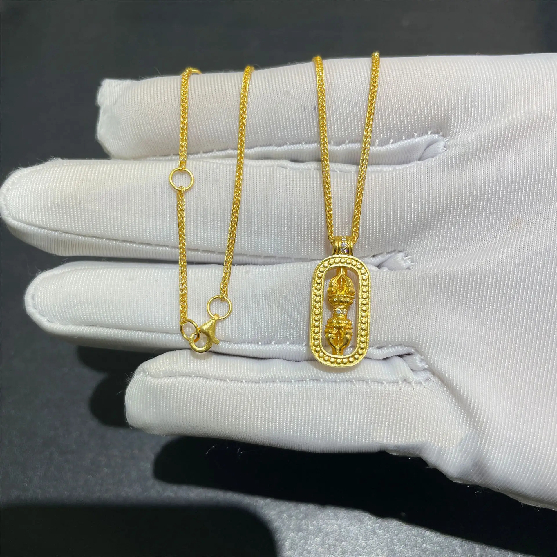 New 24K real gold Revolving Vallonde set chain au9999 Moissanite pendant Chopin Chain light luxury fashion high sense necklace