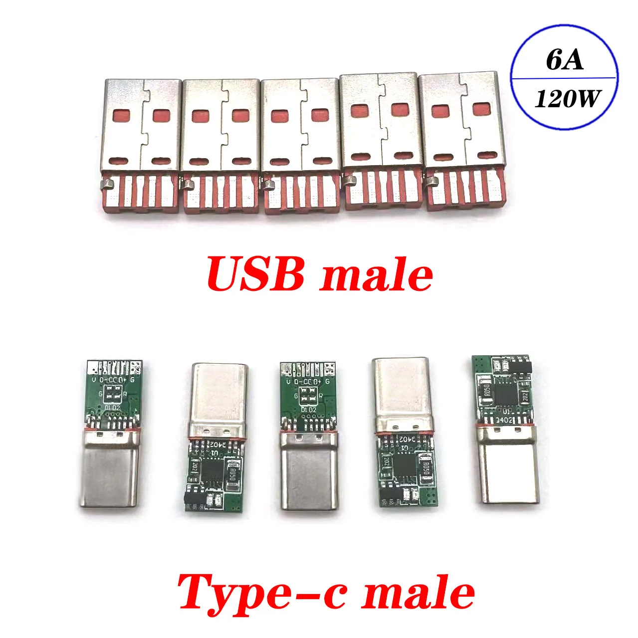 

5sets Fast Charge Type-C USB 2.0 120W 6A Male Connector Welding With IC 5P PCB + Type A Male 5P USB DIY OTG Data Charge DIY KIT