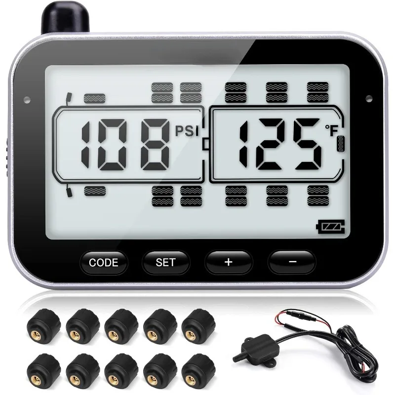 

Система контроля давления в шинах, TPMS, 10 датчиков, 7 режимов сигнализации, 14 дней автономной работы, расстояние срабатывания 80 футов, большой экран