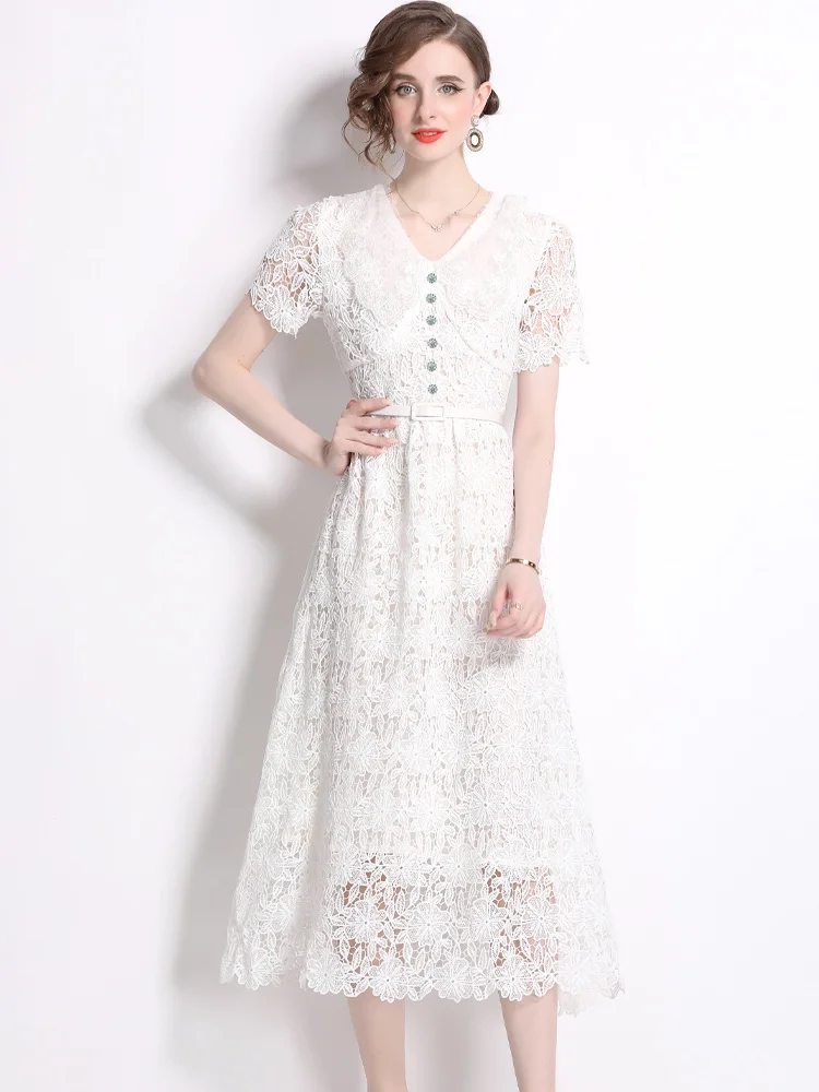 SMTHMA French Elegant Lace Hollow Out Summer Long Dress Women's Short sleeved Doll Neck Tie Up Slim Waist Middle Length Dress