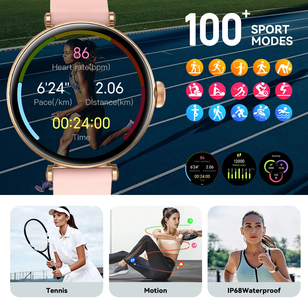 ساعة ذكية Kieslect Lady Calling Pura بشاشة AMOLED مقاس 1.19 بوصة IP68 مقاومة للماء لنظام Android iOS مع مراقب معدل ضربات القلب