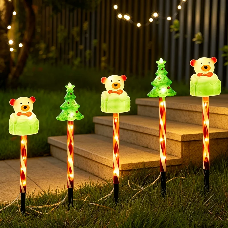 Solar Christmas Garden Stake Lights, 5 Pack LED Bear & Christmas Tree Candy Cane Pathway Lights,Waterproof Solar Powered Outdoor