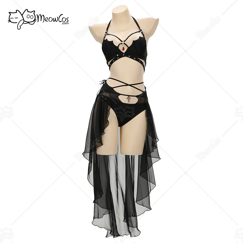 

MEOWCOS Women Dark Bat Sexy Black Halter Neck Chest Cutout Two-Piece Swimsuit with Gauze Skirt