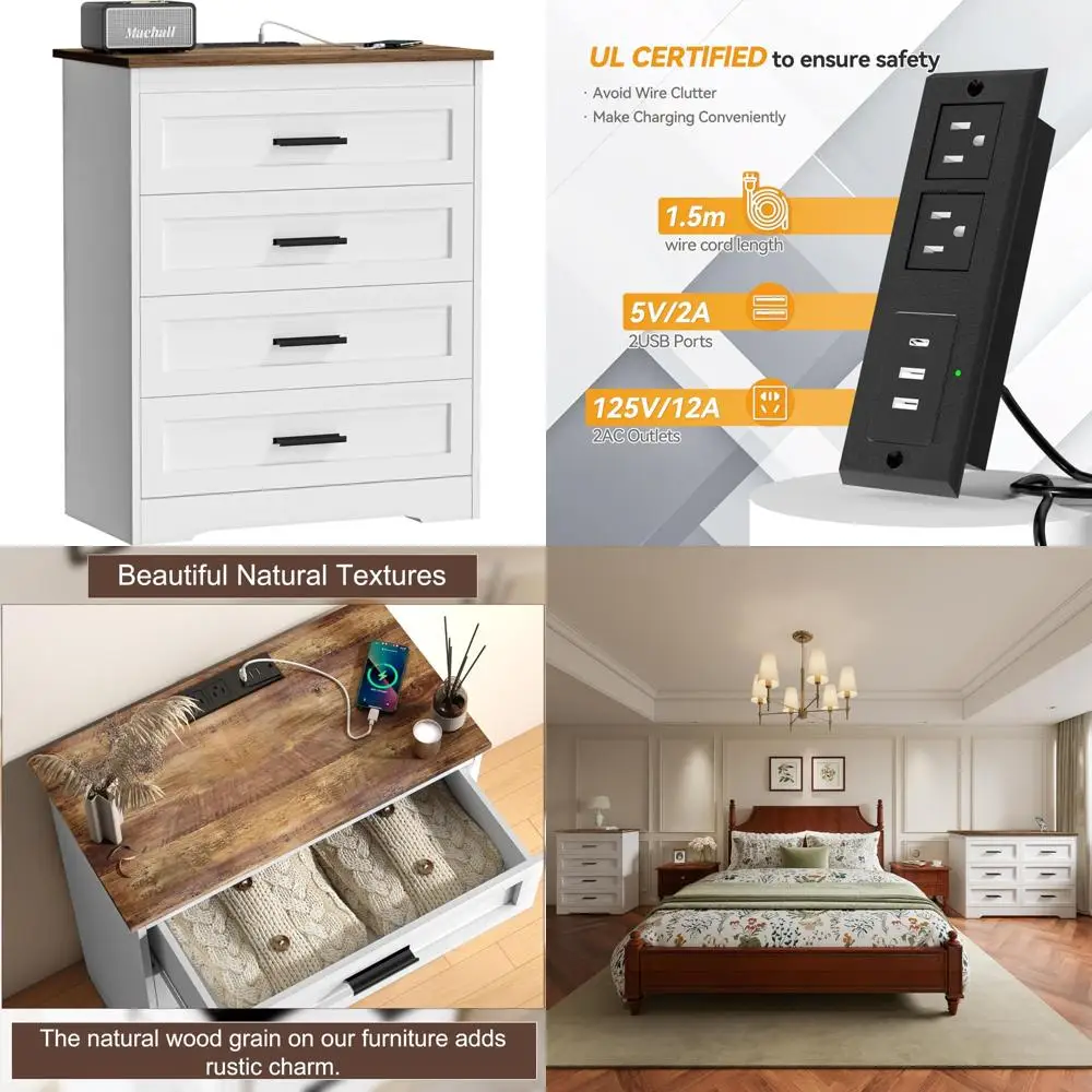 

Rustic 4-Drawer Bedroom Dresser with Natural Wood Texture and White Drawers for Storage