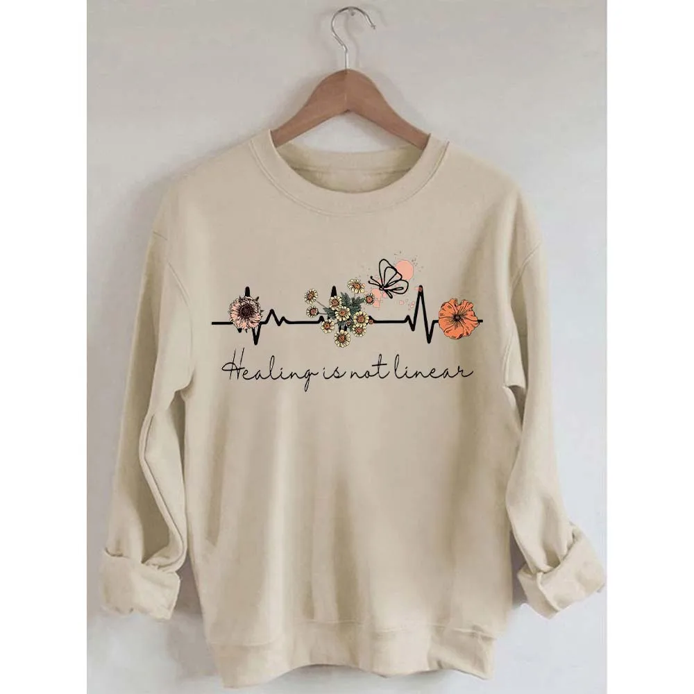 

Rheaclots Women's Healing is Not Linear Printed Cotton Female Cute Long Sleeves Sweatshirt