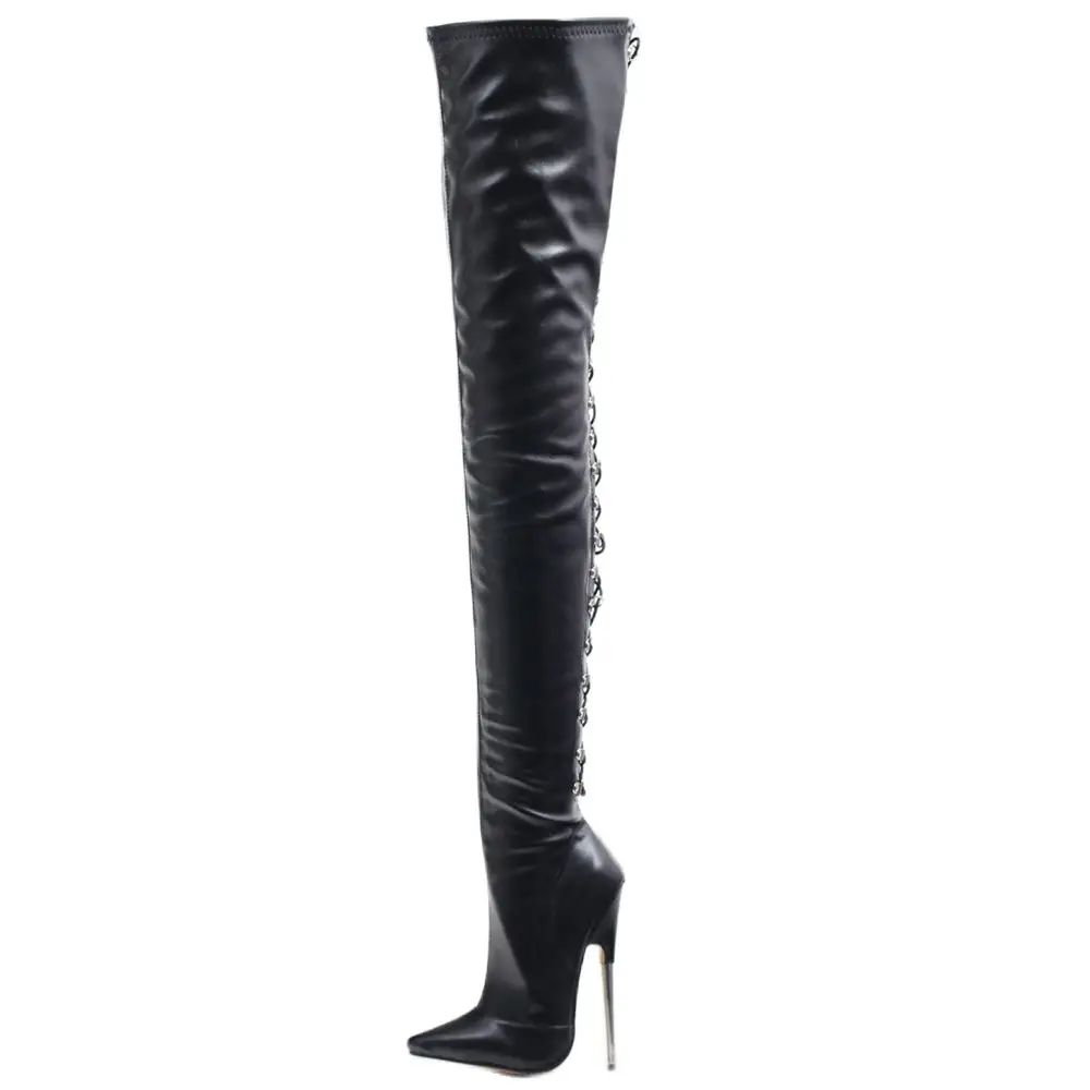 Women Crotch Thigh High Boots 18CM Super High Heel Pointe toe Back Cross-tied Long Shaft Boots Custom Made