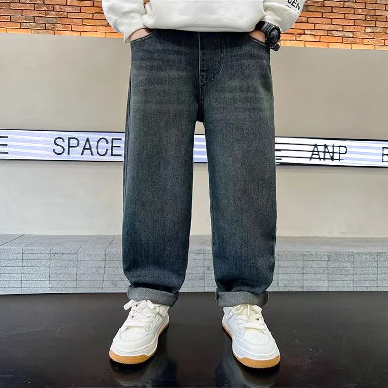 Winter-Jeans für Teenager-Jungen, Plüsch-Warm, 4-14 Jahre, Kinder-Mode, bestickte Buchstaben, Denim-Hose, Herbst, lässige, gerade geschnittene Sporthose – Detail 5