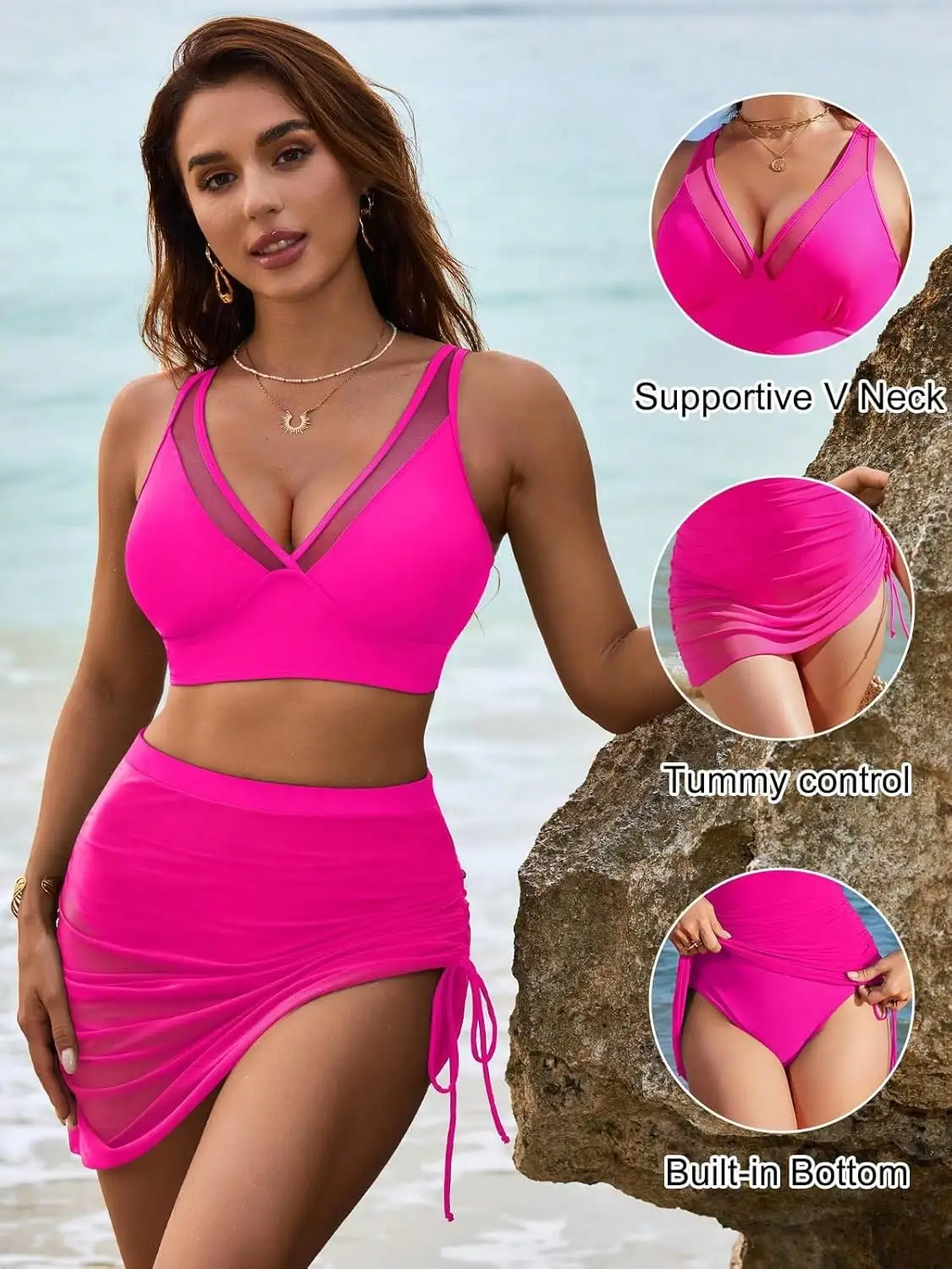 

Women's High Waisted Bikini Set With Tummy Control Mesh Skirt Pink