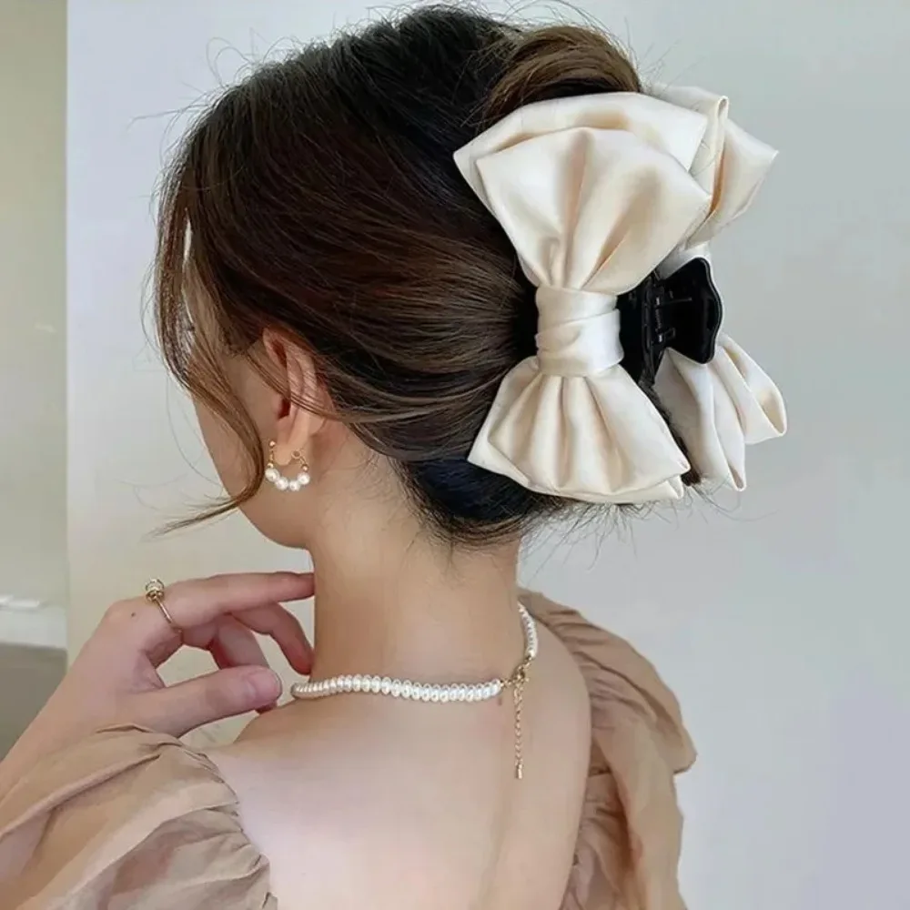Elegant Women Bow Hair Claw Clips Double-sided Large Satin Shark Hair Claw Solid Bowknot Hairpins Barrettes Hair Accessories image 3
