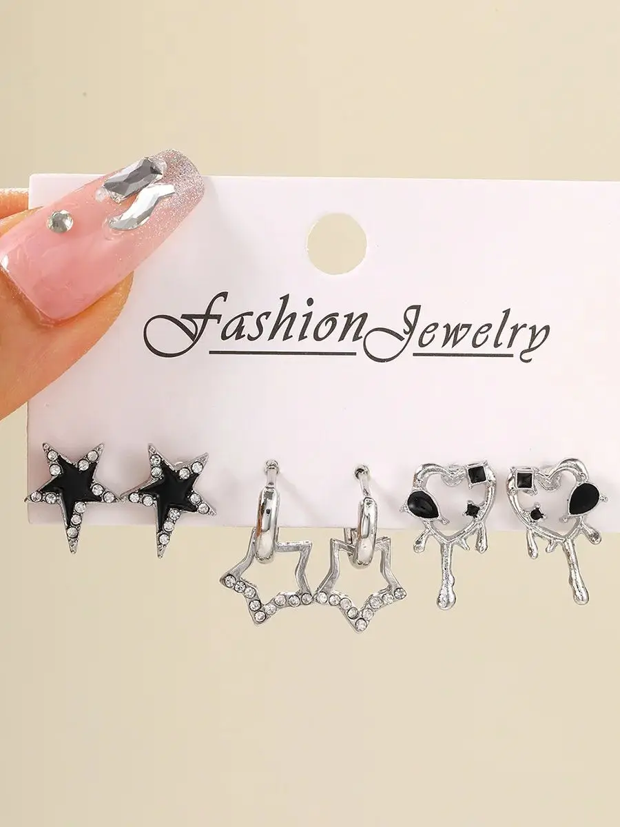 

Sweet & Edgy Style Earrings Black Zircon Butterfly & Star Heart Studs Hoop Set 3-Piece Hip-Hop Women's Earring Collection