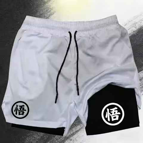 Goku Anime Running Shorts Men Fitness Gym Training 2 in 1 Sports Shorts Quick Dry Workout Jogging Double Deck Shorts