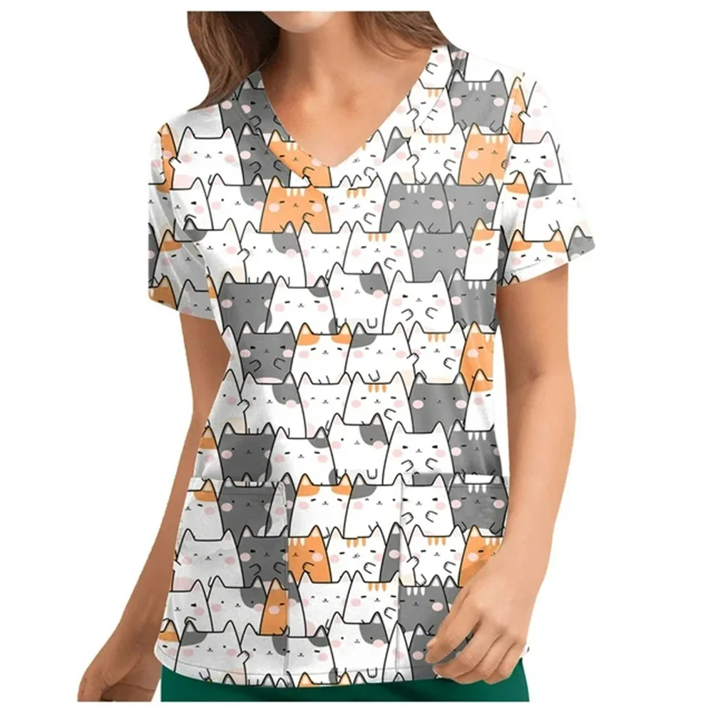 Summer V Neck Scrub Top Women Printed Work Uniform Shirt Short Sleeve Tops Uniform Blusas Nursing Dress Nurse Tunic Uniform
