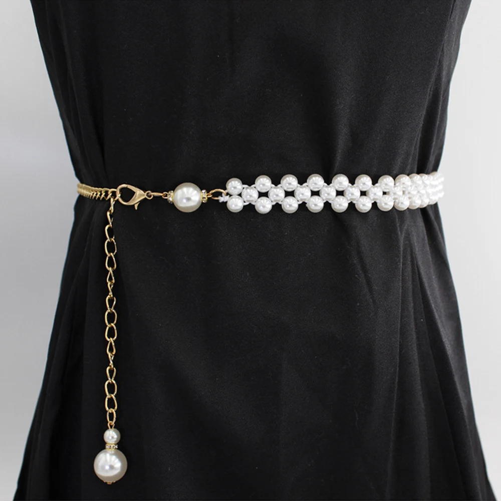 

Artificial Pearl Beaded Waistbands Adjustable Thin Metal Belts Lady Skirt Dress Sweater Waistbands Women Casual Waist Chain